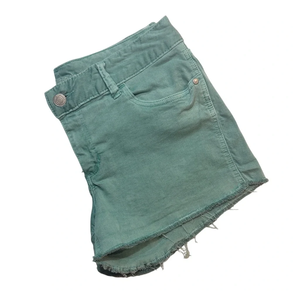 Maurices Mint Green Denim Shorts Raw Hem Stretch Y2K Size 11/12